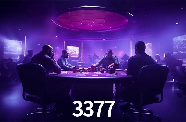 Escena dinámica inspirada en casino con iluminación 3377, cartas, fichas e íconos de juegos digitales en un espacio moderno de juegos.